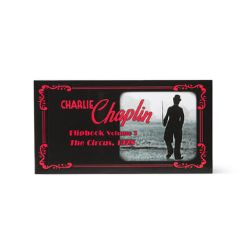 Flipbook cover featuring Charlie Chaplin with a silhouette and text on a black border. Flipbooks at the Academy Museum Store in Los Angeles